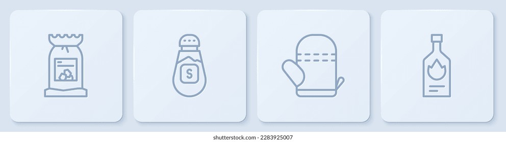 Set line Barbecue coal bag, Oven glove, Salt and Tabasco sauce. White square button. Vector