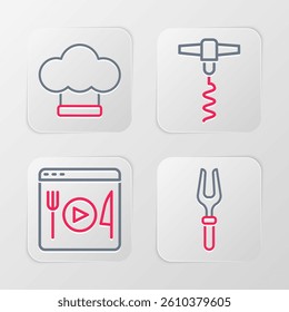 Set line Barbecue fork, Cooking live streaming, Wine corkscrew and Chef hat icon. Vector