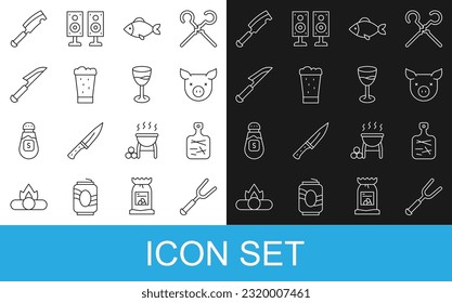 Set line Barbecue fork, Cutting board, Pig, Fish, Glass of beer, Knife, Meat chopper and Wine glass icon. Vector