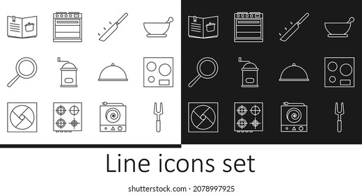 Set line Barbecue fork, Electric stove, Frying pan, Manual coffee grinder, Cookbook, Covered with tray and Oven icon. Vector