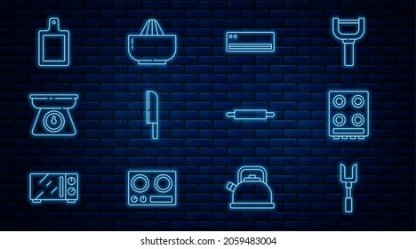 Set line Barbecue fork, Gas stove, Air conditioner, Knife, Scales, Cutting board, Rolling pin and Citrus fruit juicer icon. Vector