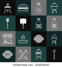 Stell die Linie Barbecue Gabel, Grill, Ketchup Flasche, Stahlgitter, Spatel und Ikone. Vektorgrafik