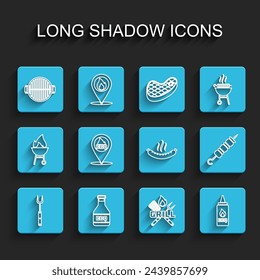 Set line Barbecue fork, Ketchup bottle, grill, Crossed and spatula, Location with barbecue, Grilled shish kebab and Sausage icon. Vector
