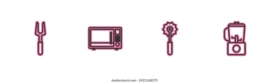 Set line Barbecue fork, Pizza knife, Microwave oven and Blender icon. Vector