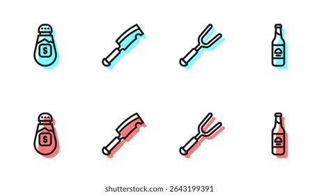 Set line Barbecue fork, Salt, Meat chopper and Beer bottle icon. Vector