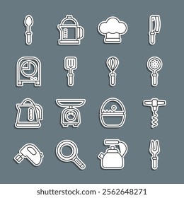 Set line Barbecue fork, Wine corkscrew, Spatula, Chef hat, spatula, Kitchen timer, Teaspoon and whisk icon. Vector