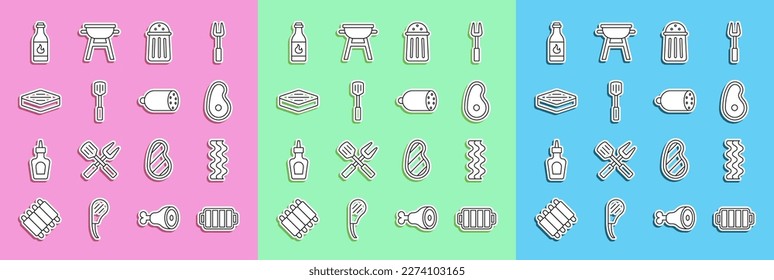 Set Linie Grill Grill, Bacon Streifen, Steak Fleisch, Salz, Spatel, Tabasco-Sauce und Salami Wurst Symbol. Vektorgrafik