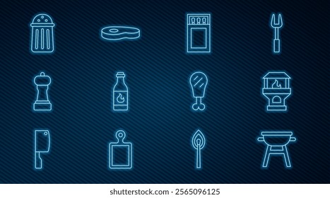 Set line Barbecue grill, Brick stove, Matchbox and matches, Tabasco sauce, Pepper, Salt, Chicken leg and Steak meat icon. Vector