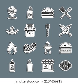 Set line Barbecue grill, Burger, Grilled shish kebab, shopping building, Sausage, Location with barbecue and spatula icon. Vector