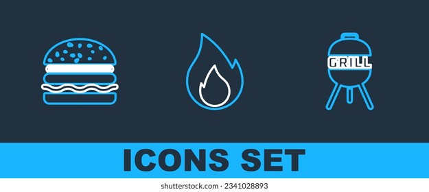 Set line Barbecue grill, Burger and Fire flame icon. Vector