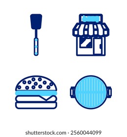 Set line Barbecue grill, Burger, shopping building and spatula icon. Vector