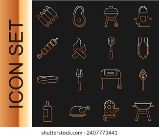 Set line Barbecue grill, Burning match with fire, Meat tongs, Campfire, Grilled shish kebab, pork bbq ribs and spatula icon. Vector