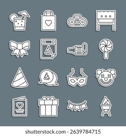 Set line Barbecue grill, Clown head, Lollipop, Home stereo with two speakers, Calendar party, Gift bow, Cocktail and Birthday horn icon. Vector