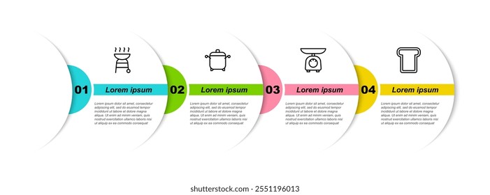 Set line Barbecue grill, Cooking pot, Scales and Bread toast. Business infographic template. Vector