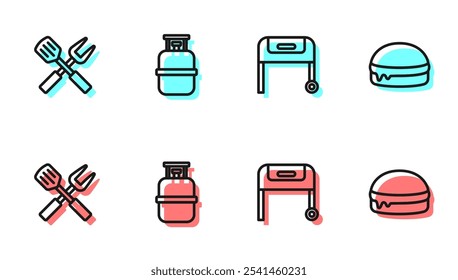 Set line Barbecue grill, Crossed fork and spatula, Propane gas tank and Burger icon. Vector