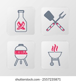 Set line Barbecue grill, Crossed fork and spatula and Ketchup bottle icon. Vector