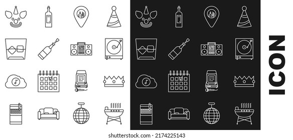 Set line Barbecue grill, Crown, Vinyl player with vinyl disk, Alcohol or beer bar location, Champagne bottle, Glass of whiskey and ice cubes, Clown head and Home stereo two speakers icon. Vector