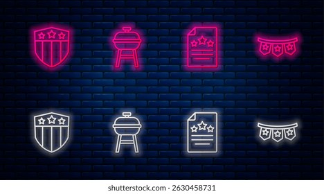 Set line Barbecue grill, Declaration of independence, Shield with stars and Carnival garland flags. Glowing neon icon on brick wall. Vector