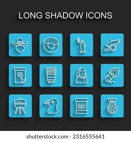 Set line Barbecue grill, Eagle head, Sheriff cowboy, Declaration of independence, Medal with star, Paper glass, Firework and Benjamin Franklin icon. Vector