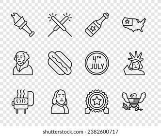 Set line Barbecue grill, Eagle, Champagne bottle, Benjamin Franklin, Torch flame, Hotdog sandwich, Medal with star and Statue of Liberty icon. Vector