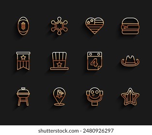 Set line Barbecue grill, Eagle, American Football ball, Tourist binoculars, USA Independence day, Patriotic top hat, Western cowboy and Calendar with date July 4 icon. Vector