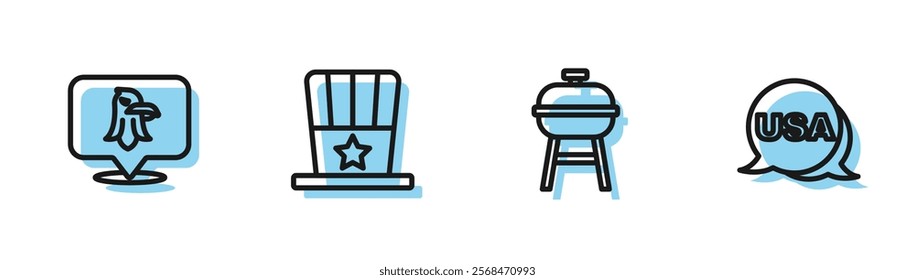 Set line Barbecue grill, Eagle, Patriotic American top hat and USA Independence day icon. Vector