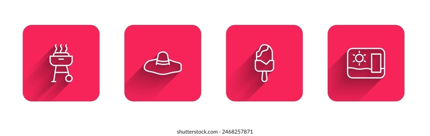 Set line Barbecue grill, Elegant women hat, Ice cream and Travel postcard with long shadow. Red square button. Vector