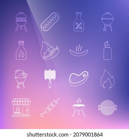 Fijar línea Parrilla de barbacoa, Llama de fuego, botella de mostaza, Ketchup, vaina de pimienta caliente e icono de salchicha. Vector
