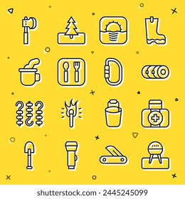 Set line Barbecue grill, First aid kit, Blanket roll, Sunrise, Fork and spoon, Cup of tea, Wooden axe and Carabiner icon. Vector