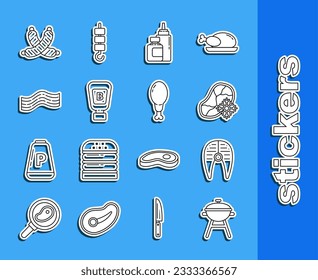 Set line Barbecue grill, Fish steak, Fresh frozen meat, Sauce bottle, Bacon stripe, Crossed sausage and Chicken leg icon. Vector