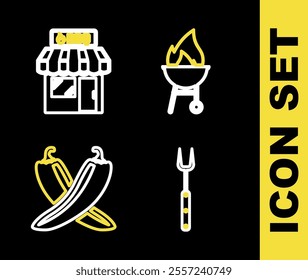 Set line Barbecue grill, fork, Crossed hot chili pepper pod and shopping building icon. Vector