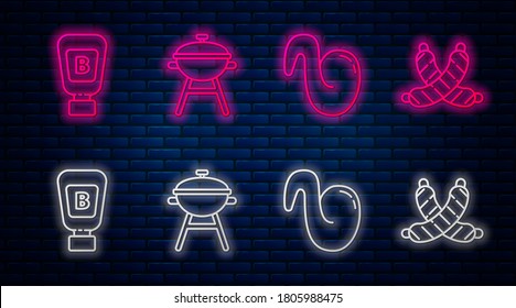 Set Line Barbecue Grill, Fried Chicken Wing, Sauce Bottle And Crossed Sausage. Glowing Neon Icon On Brick Wall. Vector