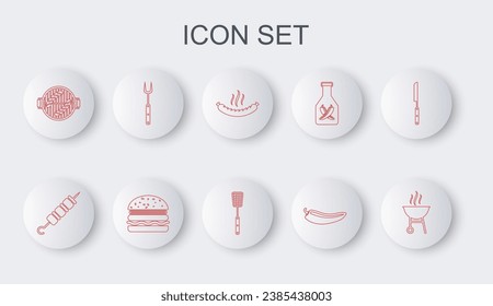 Set line Barbecue grill, Grilled shish kebab, Sausage, Hot chili pepper pod, with sausage, fork, Burger and spatula icon. Vector