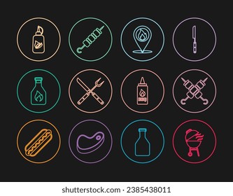 Set line Barbecue grill, Grilled shish kebab, Location with fire flame, Crossed fork and knife, Ketchup bottle,  and  icon. Vector