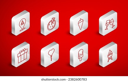 Set line Barbecue grill, Homemade pie, Ice cream in waffle cone, Glass of champagne, Slice pizza, Balloons form heart and Gift box icon. Vector