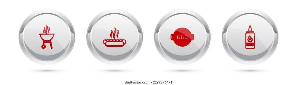 Set line Barbecue grill, Hotdog sandwich,  and Ketchup bottle. Silver circle button. Vector