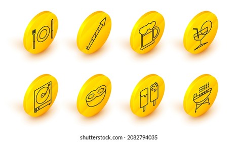Set line Barbecue grill, Ice cream, Festive mask, Vinyl player with vinyl disk, Martini glass, Wooden beer mug, Firework rocket and Plate, fork and knife icon. Vector