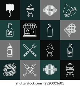 Set Linie Barbecue Grill, Ketchup Flasche, Oven Handschuh, Einkaufsbau, Stahl Gitter und Mustard Symbol. Vektorgrafik