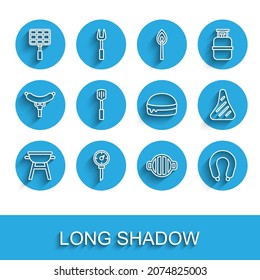 Set line Barbecue grill, Kitchen thermometer, steel grid, Sausage, spatula, Steak meat and Burger icon. Vector