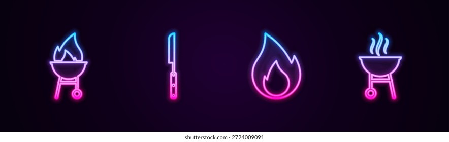 Set line Parrilla de barbacoa, cuchillo, llama de fuego y . Icono de neón brillante. Vector