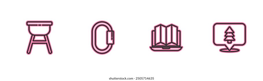 Set line Barbecue grill, Location of the forest in laptop, Carabiner and  icon. Vector
