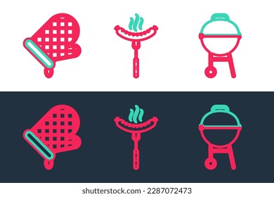 Set line Barbecue grill, Oven glove and Sausage on the fork icon. Vector