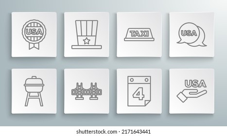 Set line Barbecue grill, Patriotic American top hat, Golden gate bridge, Calendar with date July 4, USA Independence day, Taxi car roof,  and Medal star icon. Vector