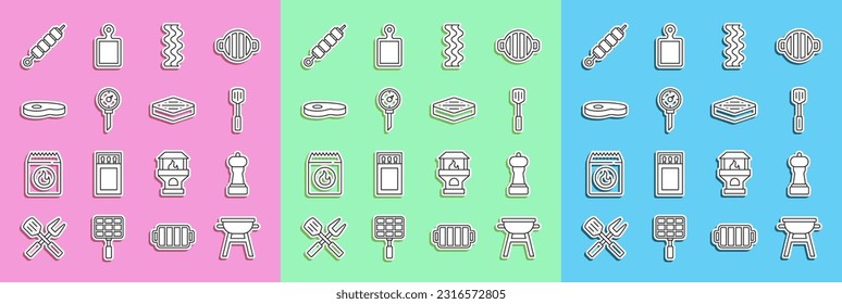 Set line Barbecue grill, Pepper, spatula, Bacon stripe, Kitchen thermometer, Steak meat, Grilled shish kebab and  icon. Vector