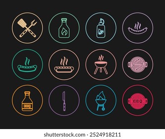 Set line Barbecue grill, with sausage, Ketchup bottle, Hotdog sandwich, Crossed fork spatula,  and  icon. Vector