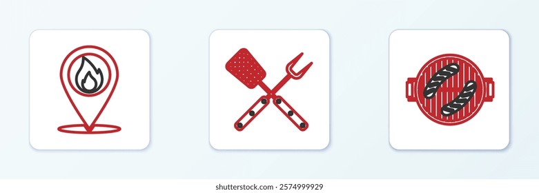 Set line Barbecue grill with sausage, Location fire flame and Crossed fork and spatula icon. Vector