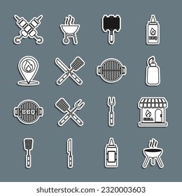 Set line Barbecue grill, shopping building, Mustard bottle, steel grid, Crossed knife and spatula, Location with fire flame, Grilled shish kebab and  icon. Vector