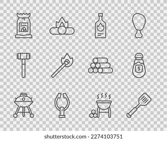 Fijar línea Parrilla barbacoa, espátula, salsa de tabasco, tongos de carne, bolsa de carbón, fósforo de quema con fuego, e icono de sal. Vector