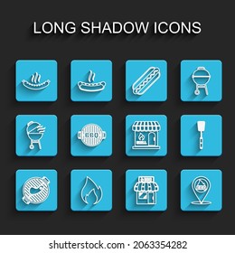 Set line Barbecue grill with steak, Fire flame, Sausage, shopping building, Location barbecue, spatula and  icon. Vector
