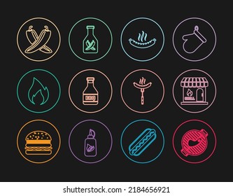 Set line Barbecue grill with steak, shopping building, Sausage, Ketchup bottle, Fire flame, Crossed hot chili pepper pod, on the fork and  icon. Vector